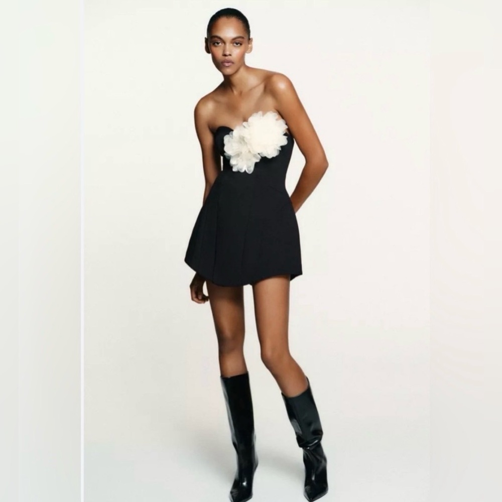 stunning Zara Black small Strapless Dress with White Floral Detail video